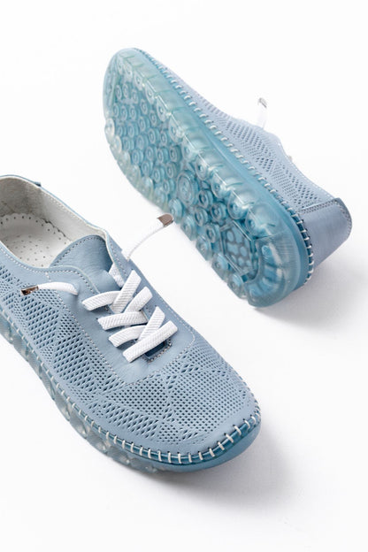 Ayakkabı Aşkı Mavi Desenli Hakiki Deri Şeffaf Taban Kadın Spor Ayakkabı