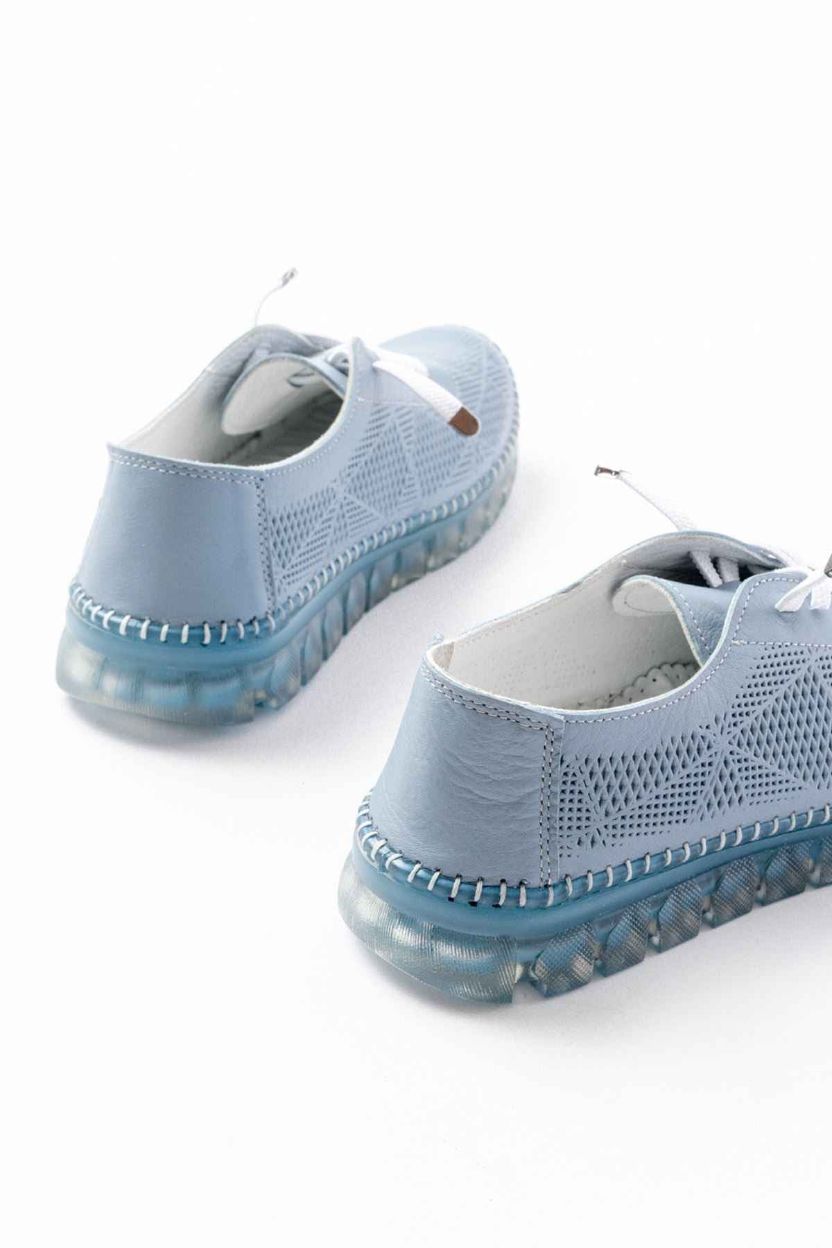 Ayakkabı Aşkı S-365  Mavi Desenli Hakiki Deri Şeffaf Taban Kadın Spor Ayakkabı