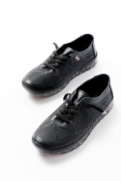 Ayakkabı Aşkı Siyah Desenli Hakiki Deri Şeffaf Taban Kadın Spor Ayakkabı