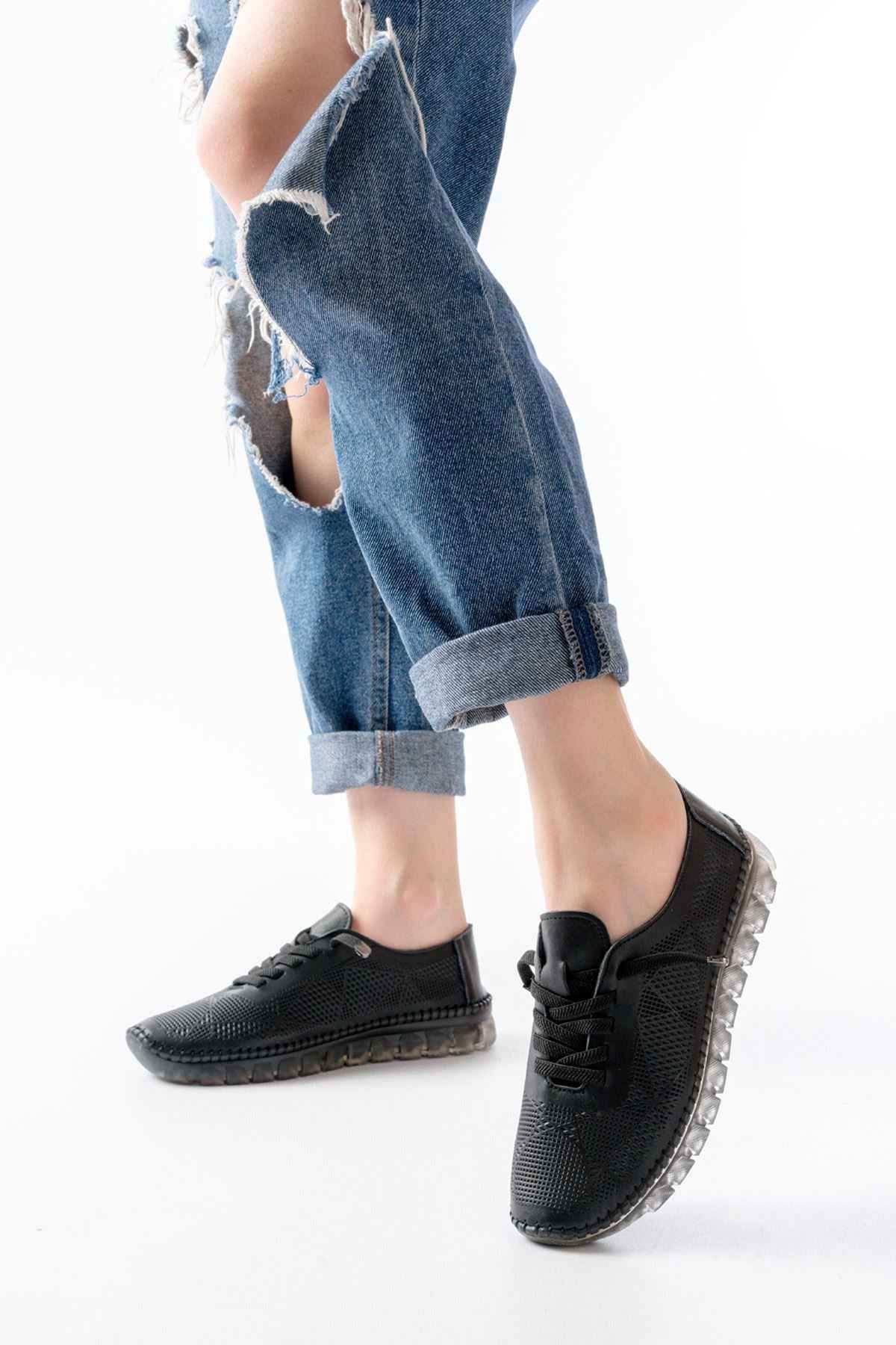 Ayakkabı Aşkı S-365  Siyah Desenli Hakiki Deri Şeffaf Taban Kadın Spor Ayakkabı