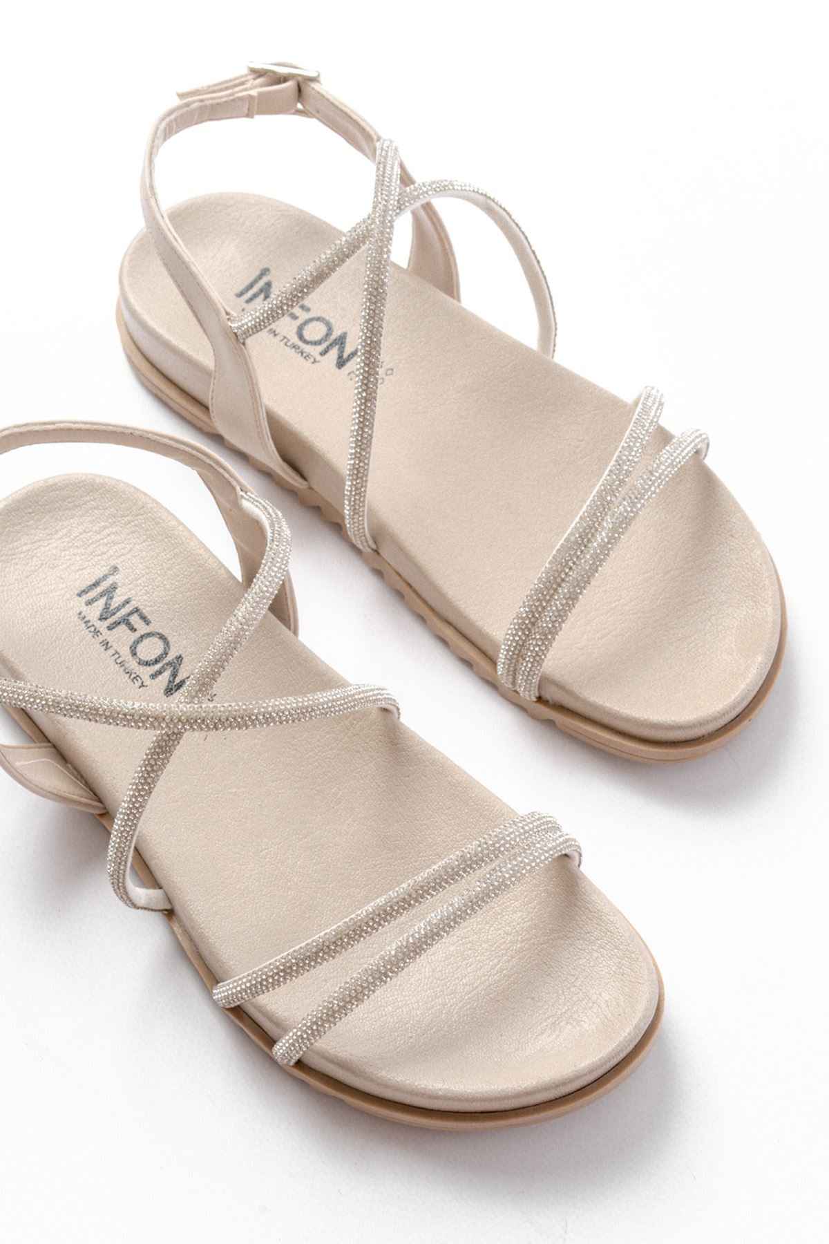 Ayakkabı Aşkı 1001-1105 Bej Gümüş Taşlı Günlük Kadın Sandalet