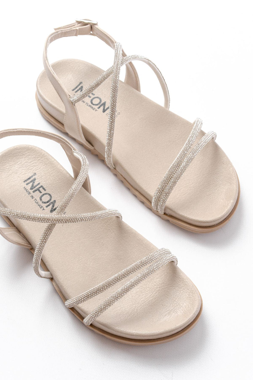 Ayakkabı Aşkı Bej Gümüş Taşlı Günlük Kadın Sandalet - Ayakkabı Aşkı