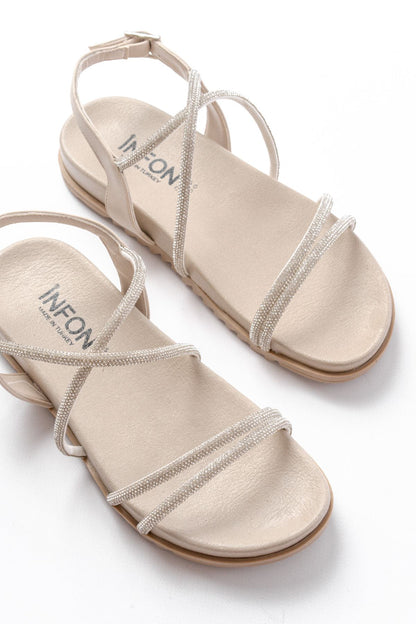 Ayakkabı Aşkı Bej Gümüş Taşlı Günlük Kadın Sandalet