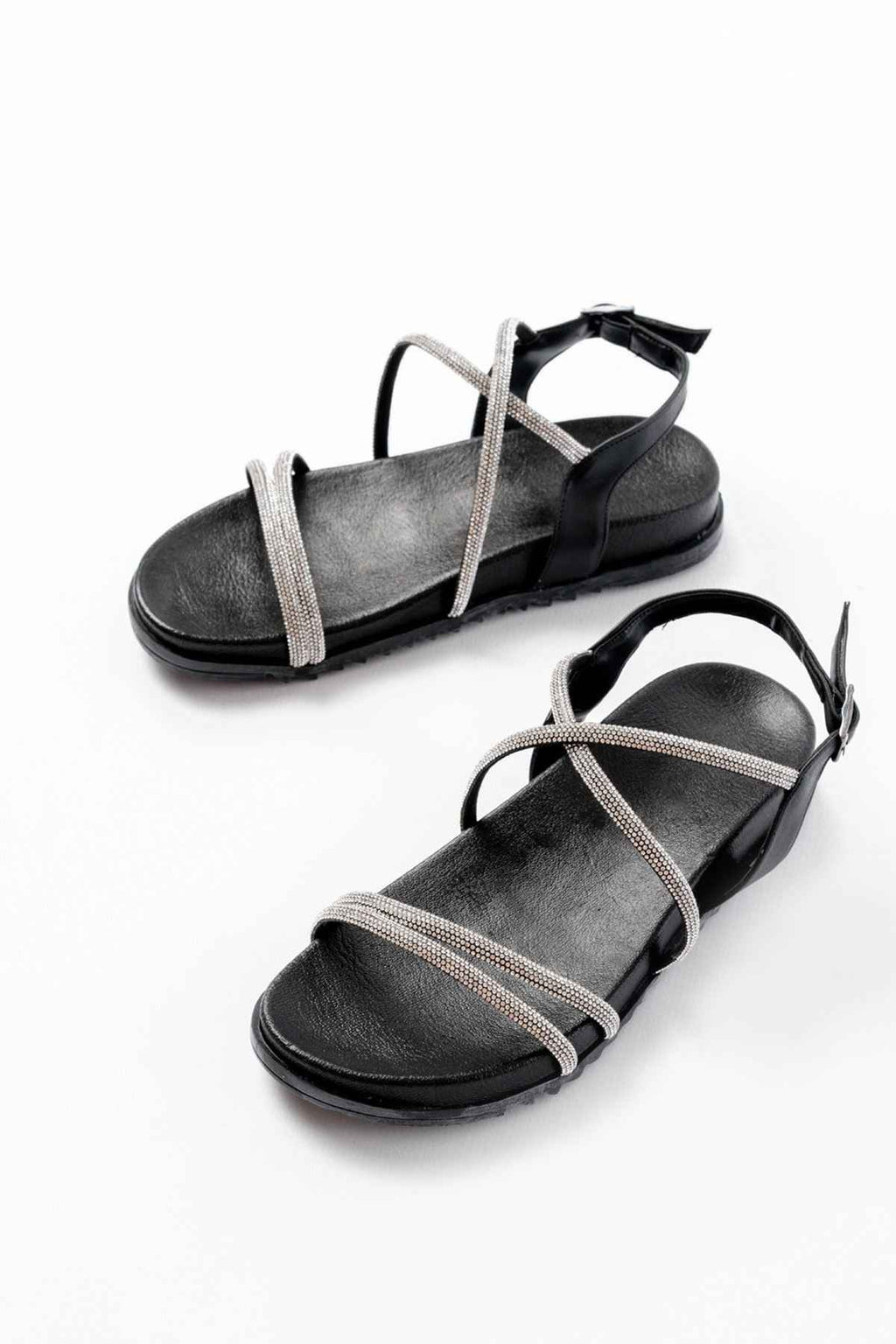 Ayakkabı Aşkı 1001-1105 Siyah Gümüş Taşlı Günlük Kadın Sandalet