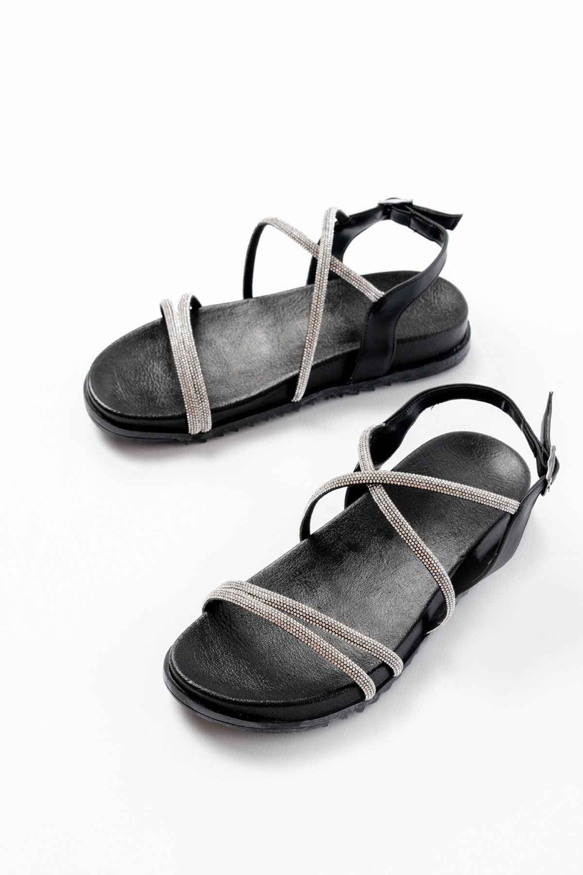 Ayakkabı Aşkı 1001-1105 Siyah Gümüş Taşlı Günlük Kadın Sandalet