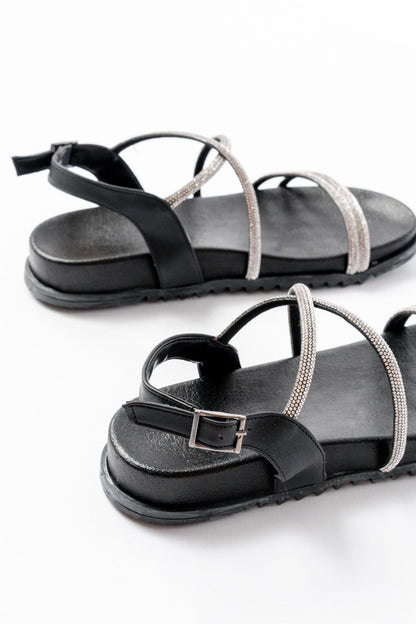 Ayakkabı Aşkı Siyah Gümüş Taşlı Günlük Kadın Sandalet