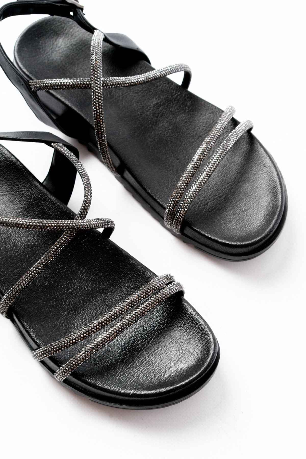 Ayakkabı Aşkı 1001-1105 Siyah Platin Taşlı Günlük Kadın Sandalet