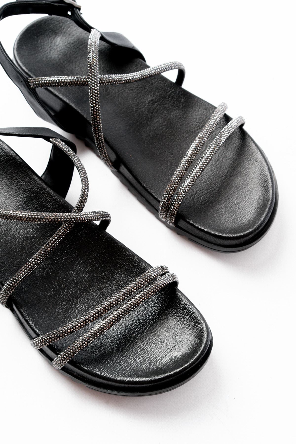 Ayakkabı Aşkı Siyah Platin Taşlı Günlük Kadın Sandalet
