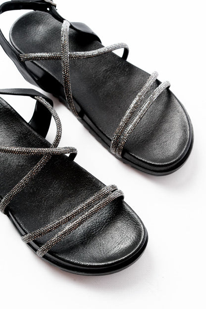 Ayakkabı Aşkı Siyah Platin Taşlı Günlük Kadın Sandalet