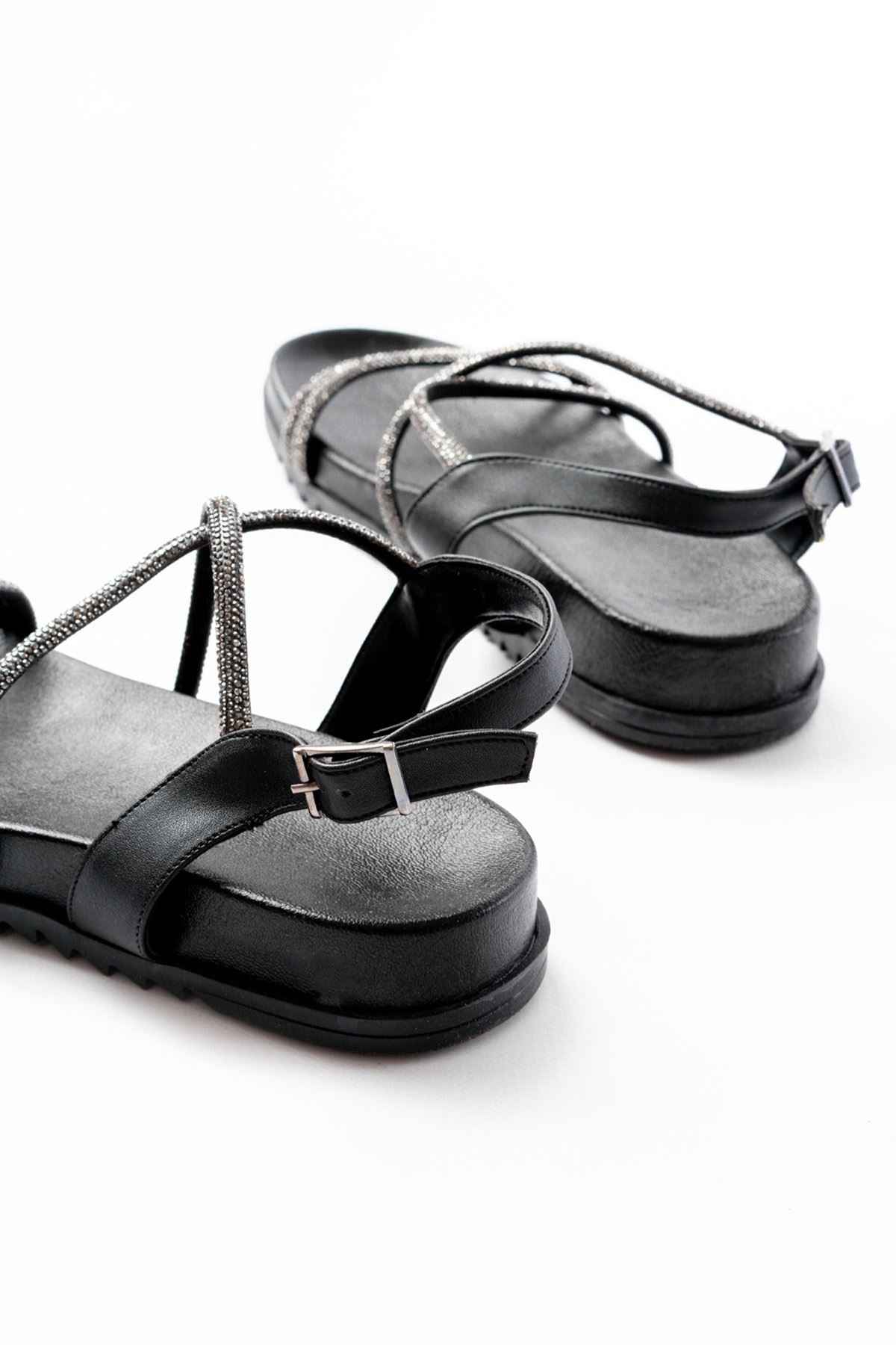 Ayakkabı Aşkı 1001-1105 Siyah Platin Taşlı Günlük Kadın Sandalet