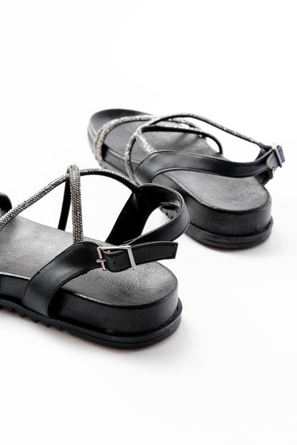 Ayakkabı Aşkı Siyah Platin Taşlı Günlük Kadın Sandalet