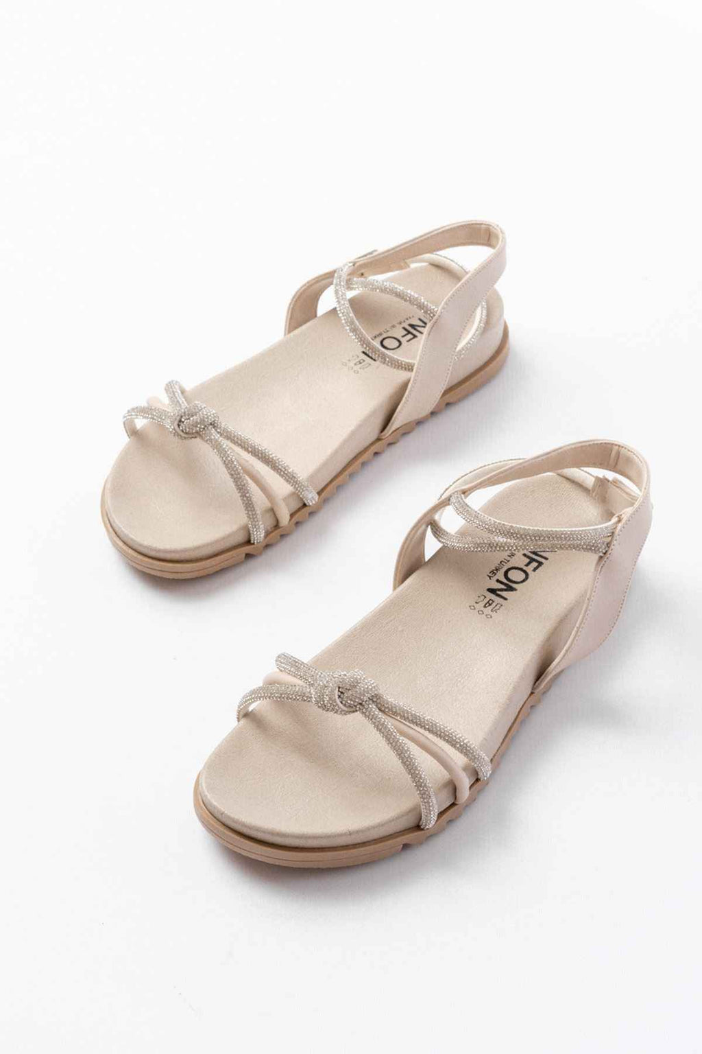 Ayakkabı Aşkı 1001-1120 Bej Gümüş Taşlı Günlük Kadın Sandalet