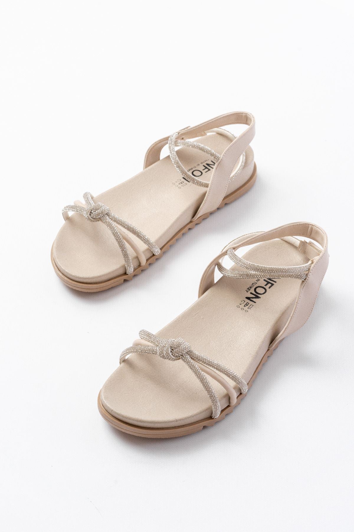 Ayakkabı Aşkı Bej Gümüş Taşlı Günlük Kadın Sandalet