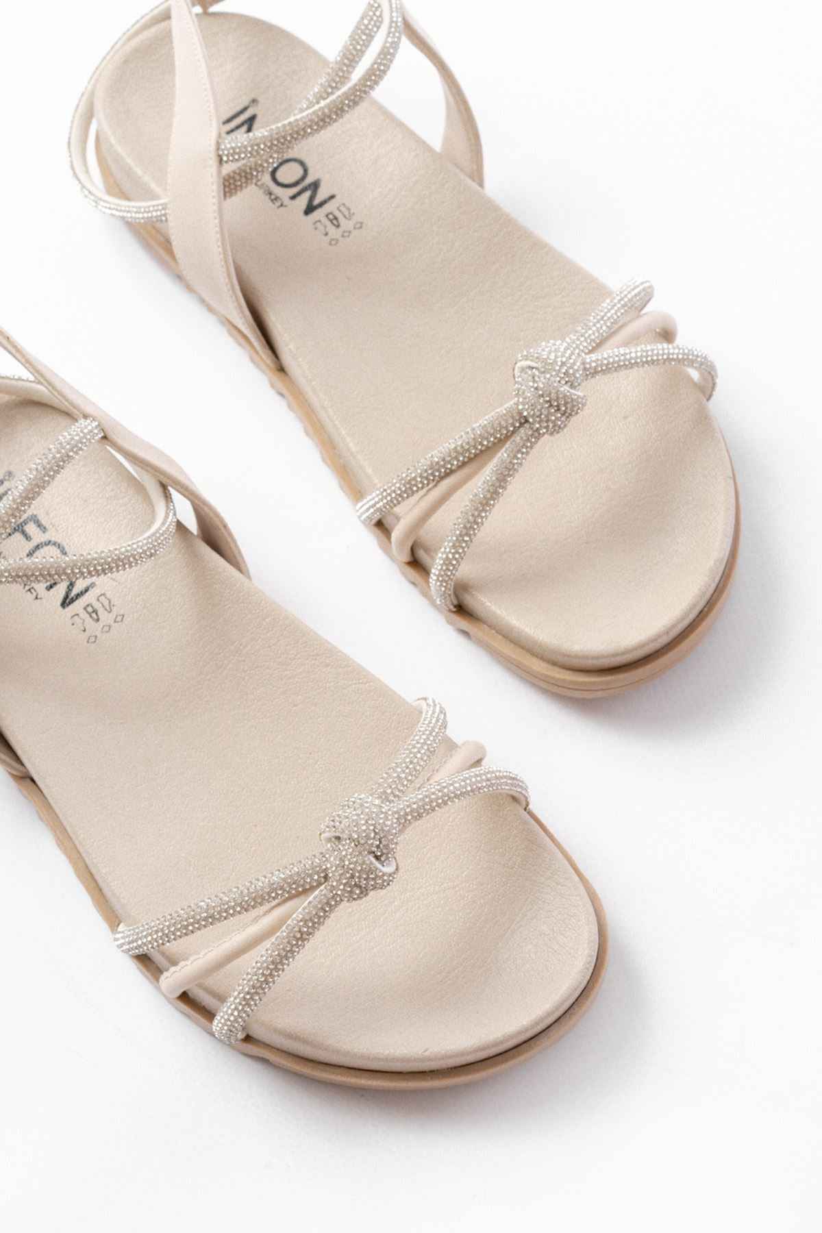 Ayakkabı Aşkı 1001-1120 Bej Gümüş Taşlı Günlük Kadın Sandalet