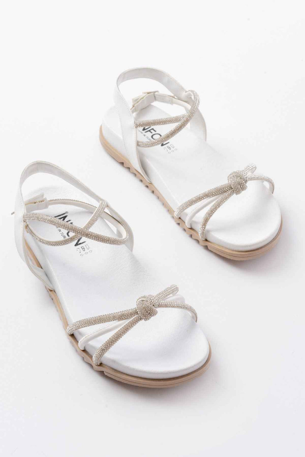 Ayakkabı Aşkı 1001-1120 Beyaz Gümüş Taşlı Günlük Kadın Sandalet