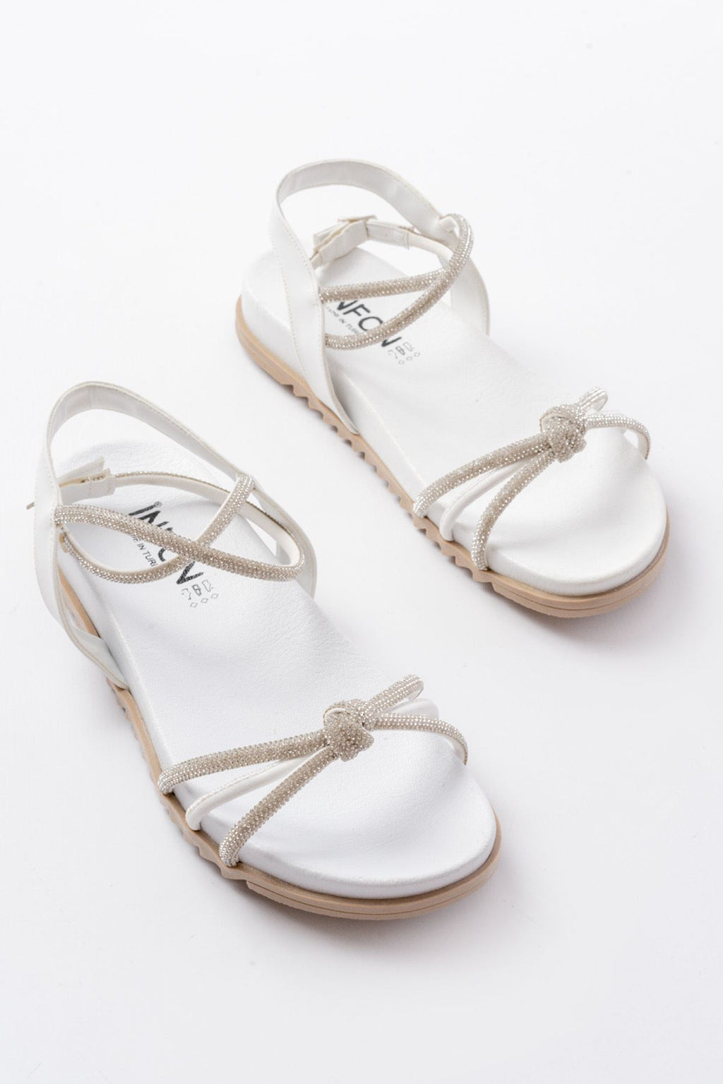 Ayakkabı Aşkı Beyaz Gümüş Taşlı Günlük Kadın Sandalet - Ayakkabı Aşkı