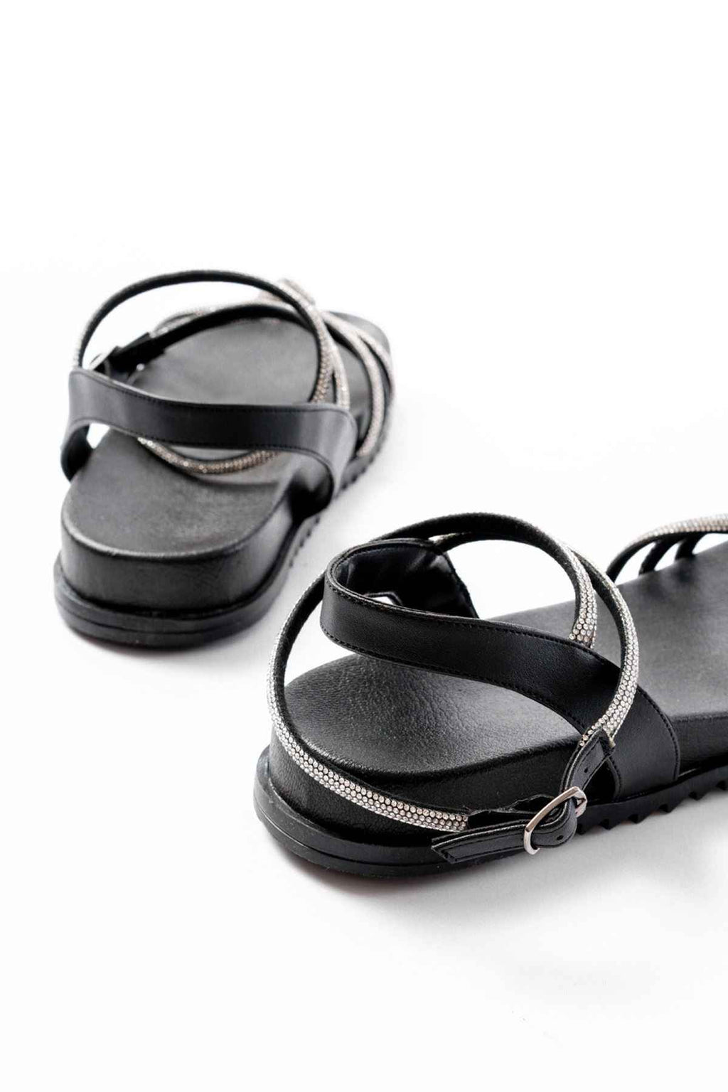 Ayakkabı Aşkı 1001-1120 Siyah Gümüş Taşlı Günlük Kadın Sandalet