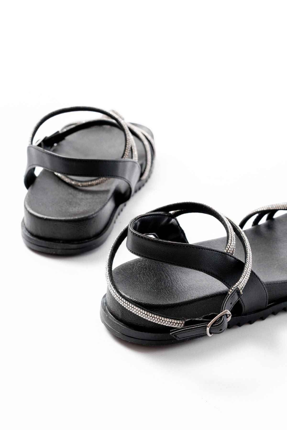 Ayakkabı Aşkı 1001-1120 Siyah Gümüş Taşlı Günlük Kadın Sandalet