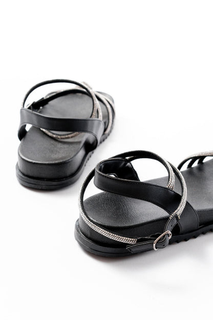 Ayakkabı Aşkı Siyah Gümüş Taşlı Günlük Kadın Sandalet