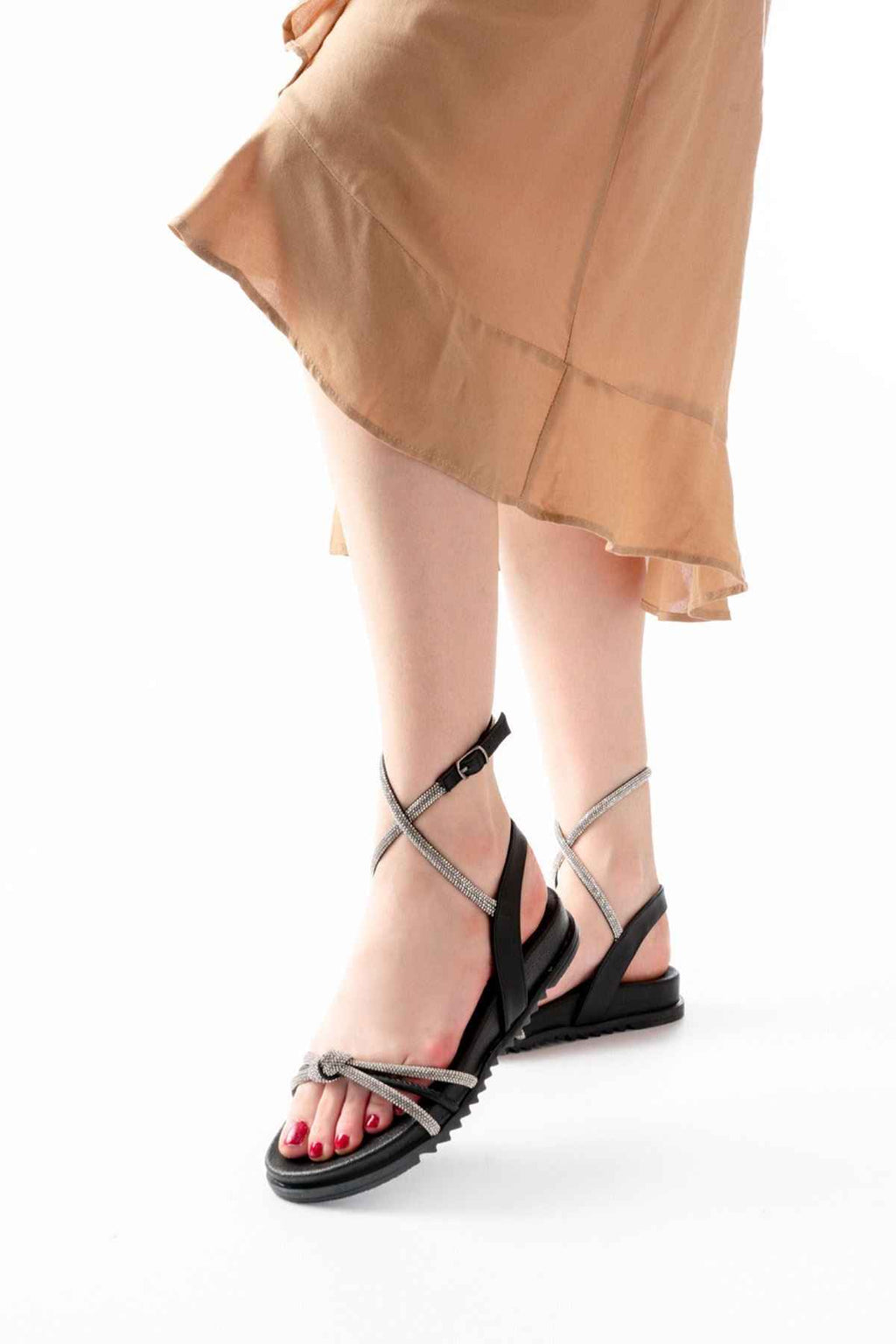 Ayakkabı Aşkı 1001-1120 Siyah Gümüş Taşlı Günlük Kadın Sandalet