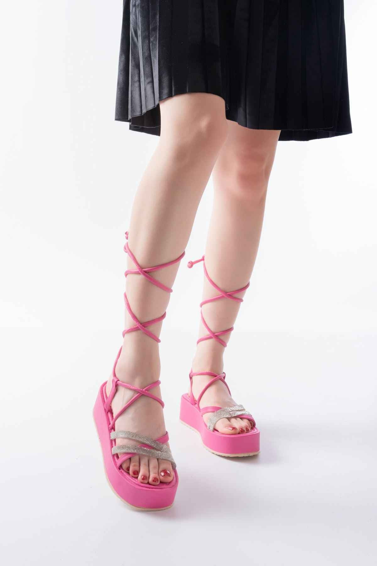 Ayakkabı Aşkı 861-1010 Fuşya Gümüş Taşlı Bilekten Bağlamalı Kadın Sandalet