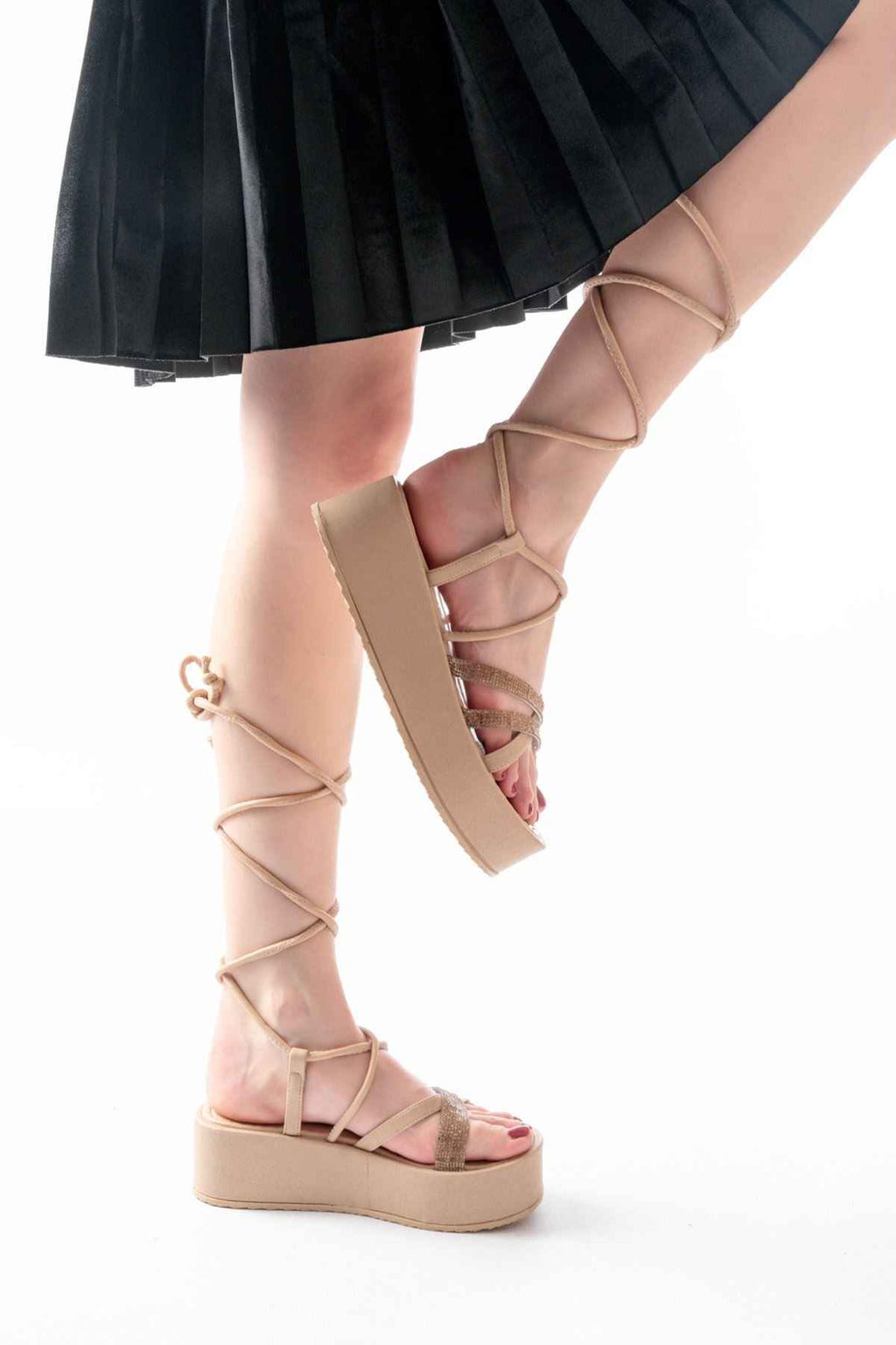 Ayakkabı Aşkı 861-1010 Nut Rose Taşlı Bilekten Bağlamalı Kadın Sandalet