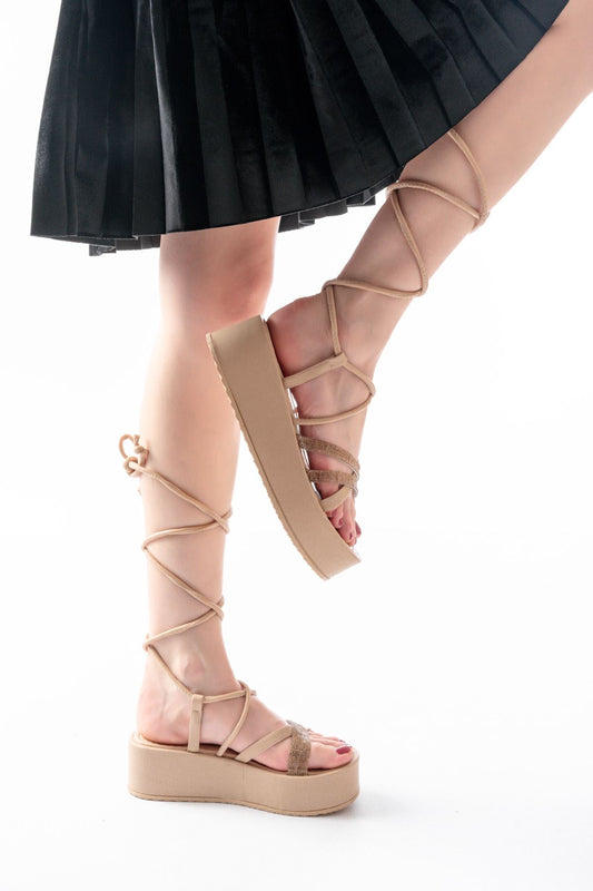 861-1010 Nut Rose Taşlı Bilekten Bağlamalı Kadın Sandalet - NUT