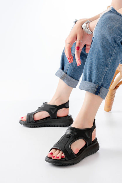 Ayakkabı Aşkı Siyah Spring Paraşüt Kumaş Lastikli Ortopedik Kadın Sandalet