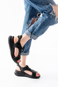 Ayakkabı Aşkı Siyah Spring Paraşüt Kumaş Lastikli Ortopedik Kadın Sandalet - Ayakkabı Aşkı