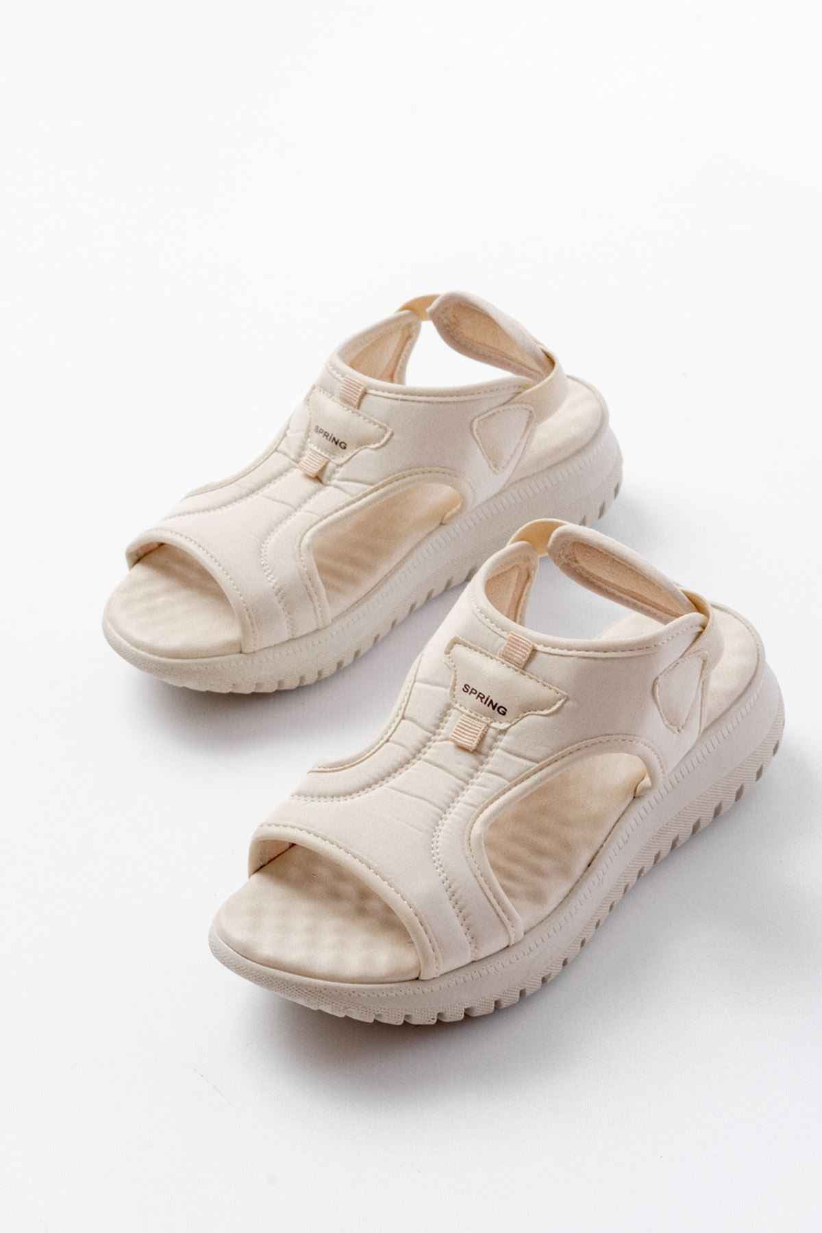 Ayakkabı Aşkı T-221 Bej  Spring Paraşüt Kumaş Lastikli Ortopedik Kadın Sandalet