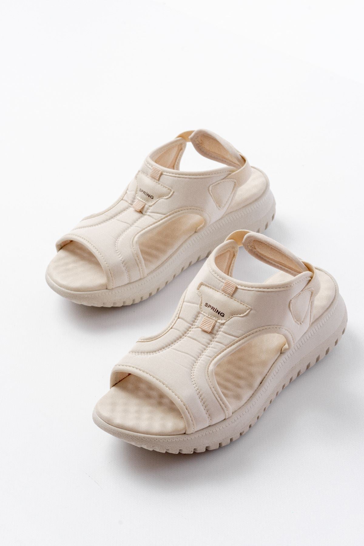 Ayakkabı Aşkı Bej Spring Paraşüt Kumaş Lastikli Ortopedik Kadın Sandalet - Ayakkabı Aşkı