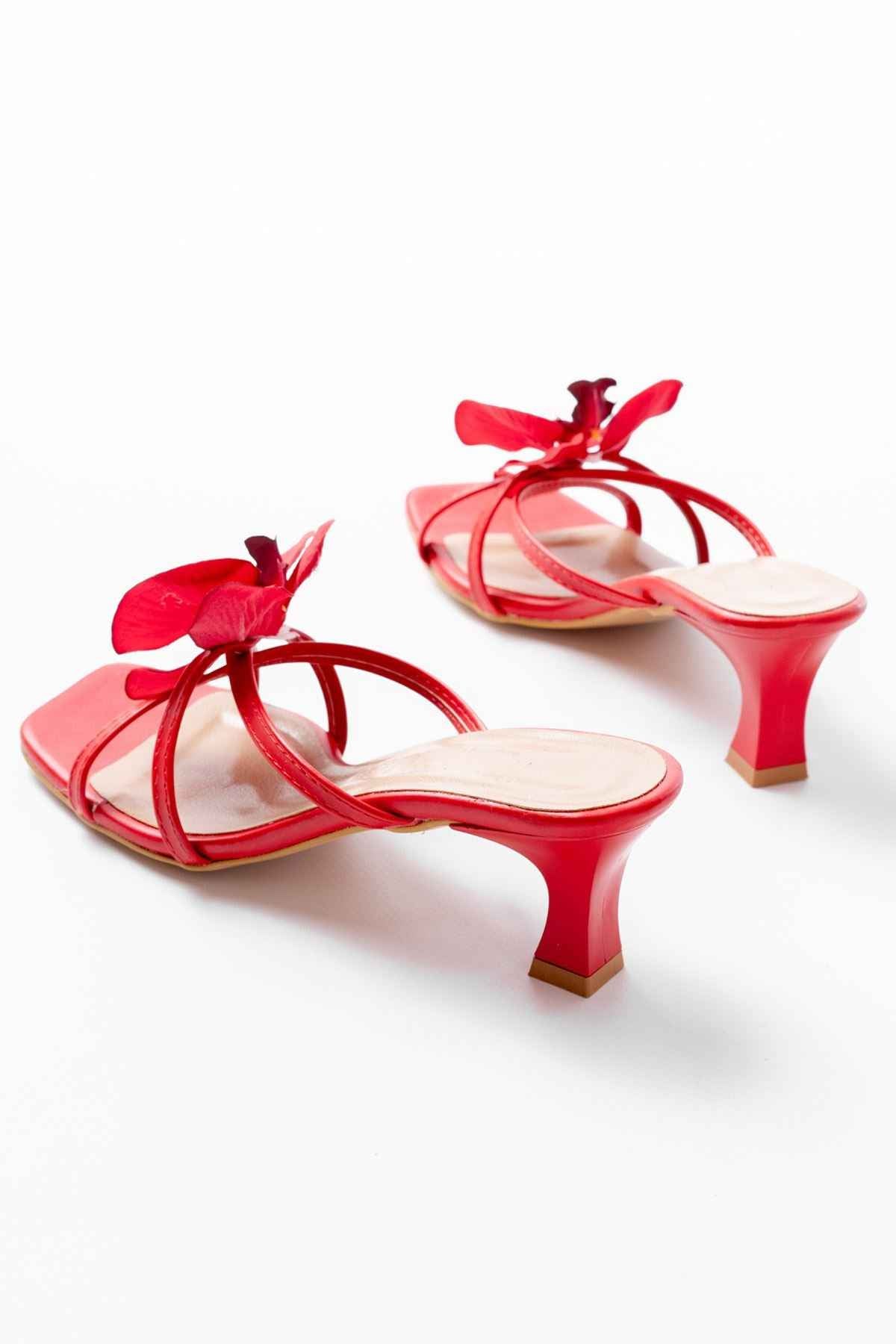 Ayakkabı Aşkı S-622 Kırmızı Orkide Detaylı Ince Topuklu Kadın Terlik