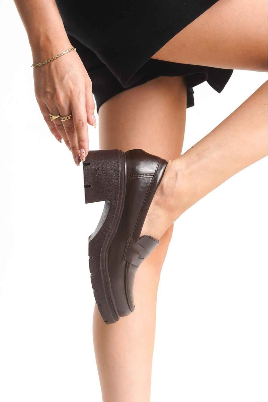 Ayakkabı Aşkı Kahve Kırışık Rugan Yüksek Tabanlı Loafer Ayakkabı