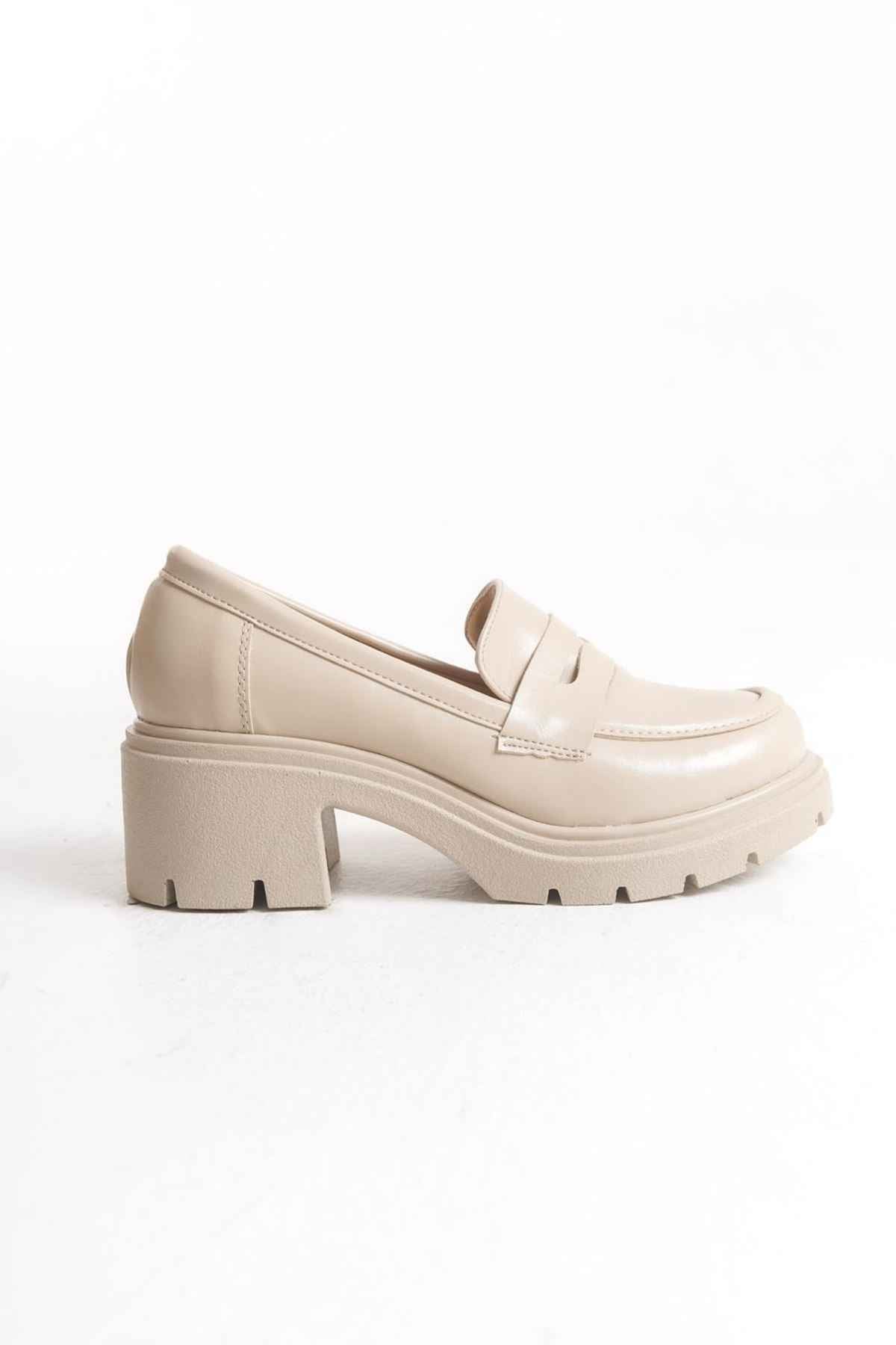 Ayakkabı Aşkı Bej Kırışık Rugan Yüksek Tabanlı Loafer Ayakkabı
