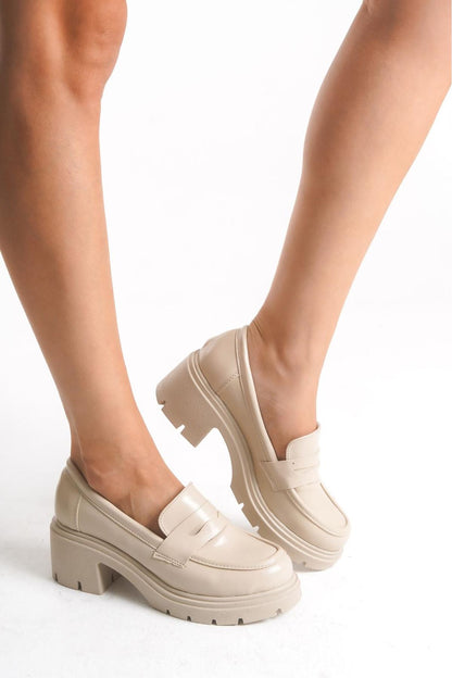 K-706 Bej Kırışık Rugan Yüksek Tabanlı Loafer Ayakkabı - Bej