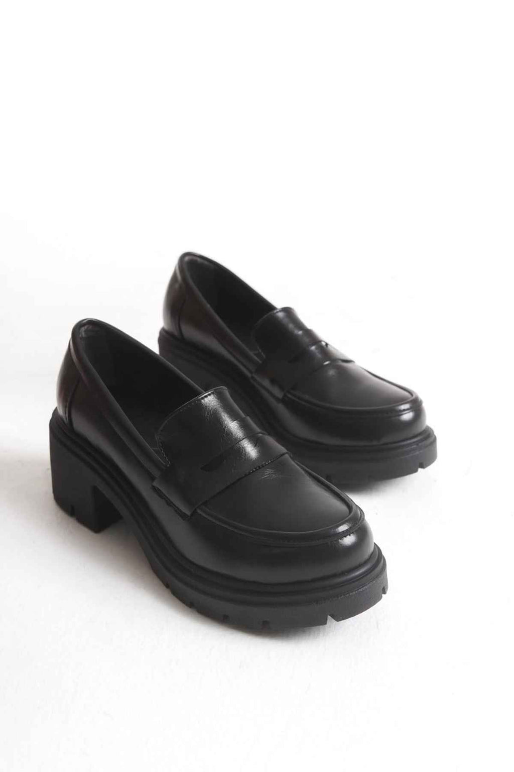 Ayakkabı Aşkı K-706 Siyah Kırışık Rugan Yüksek Tabanlı Loafer Ayakkabı