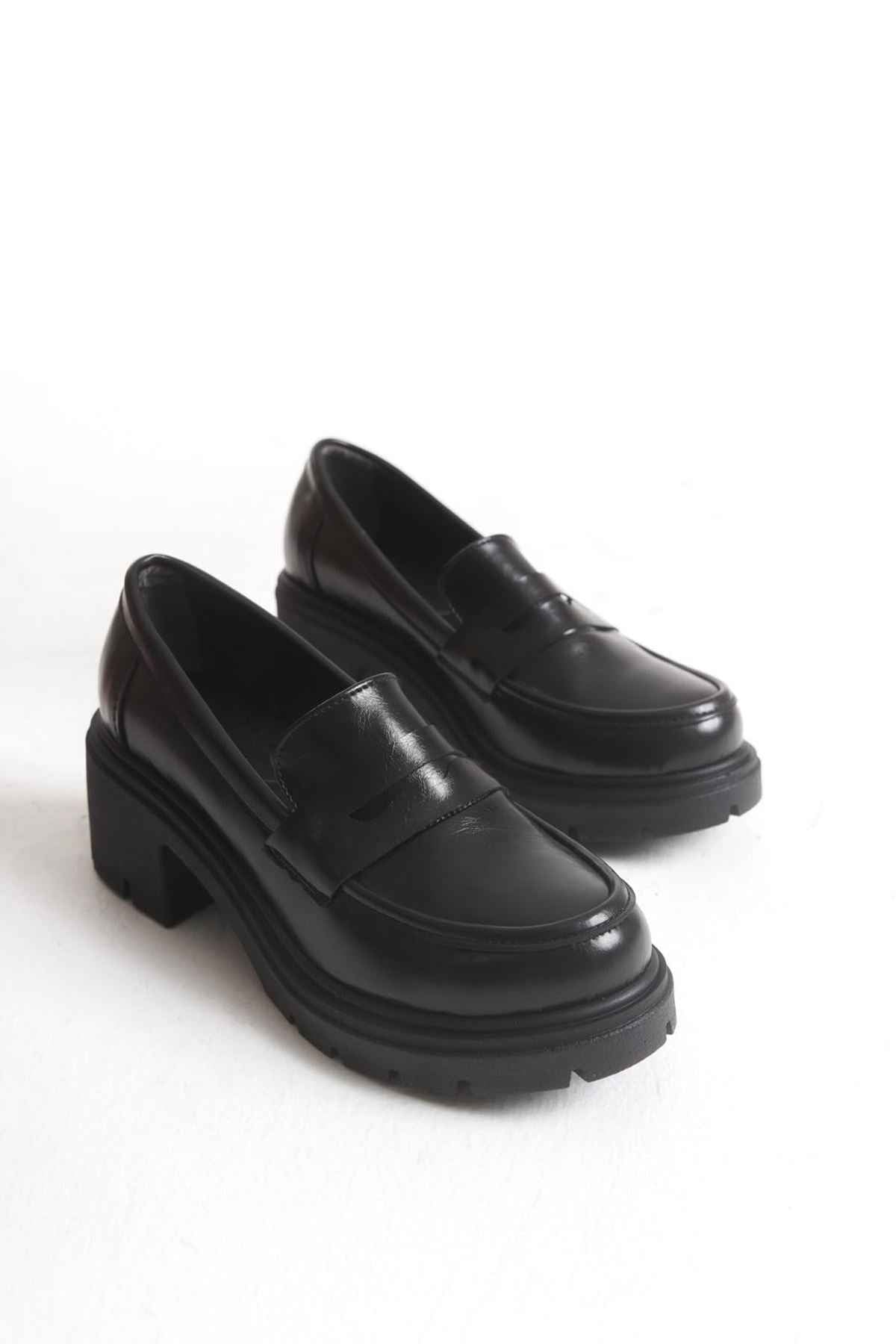 Ayakkabı Aşkı K-706 Siyah Kırışık Rugan Yüksek Tabanlı Loafer Ayakkabı