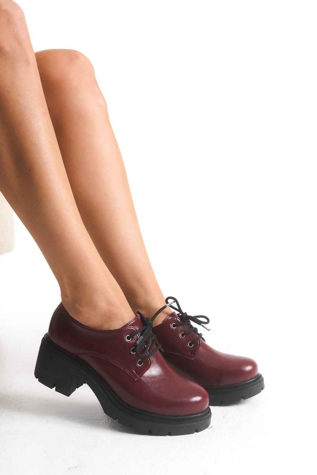 Ayakkabı Aşkı Bordo Kırışık Rugan Yüksek Tabanlı Bağcıklı Loafer Ayakkabı