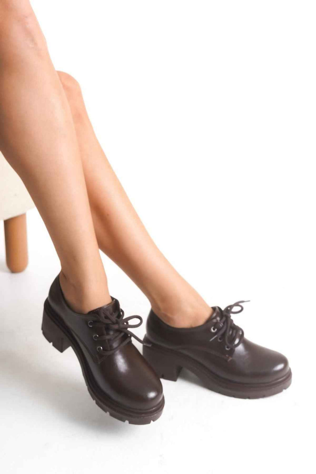 Ayakkabı Aşkı Kahve Kırışık Rugan Yüksek Tabanlı Bağcıklı Loafer Ayakkabı