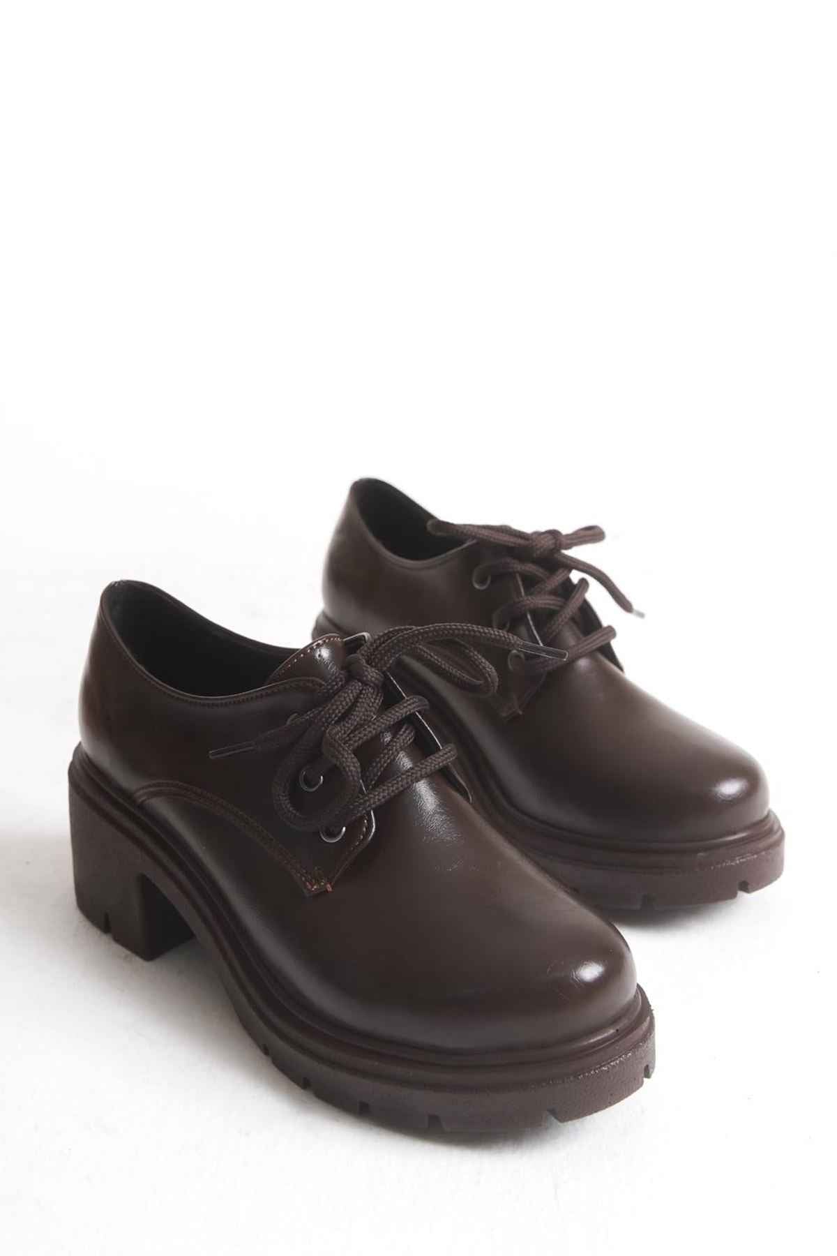 Ayakkabı Aşkı Kahve Kırışık Rugan Yüksek Tabanlı Bağcıklı Loafer Ayakkabı