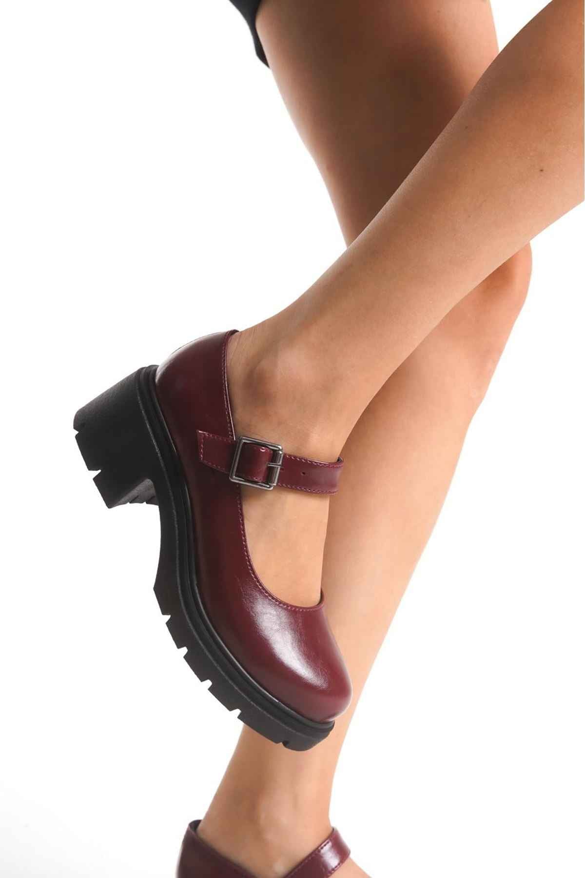 Ayakkabı Aşkı Bordo Kırışık Rugan Tokalı Yüksek Tabanlı Loafer Ayakkabı