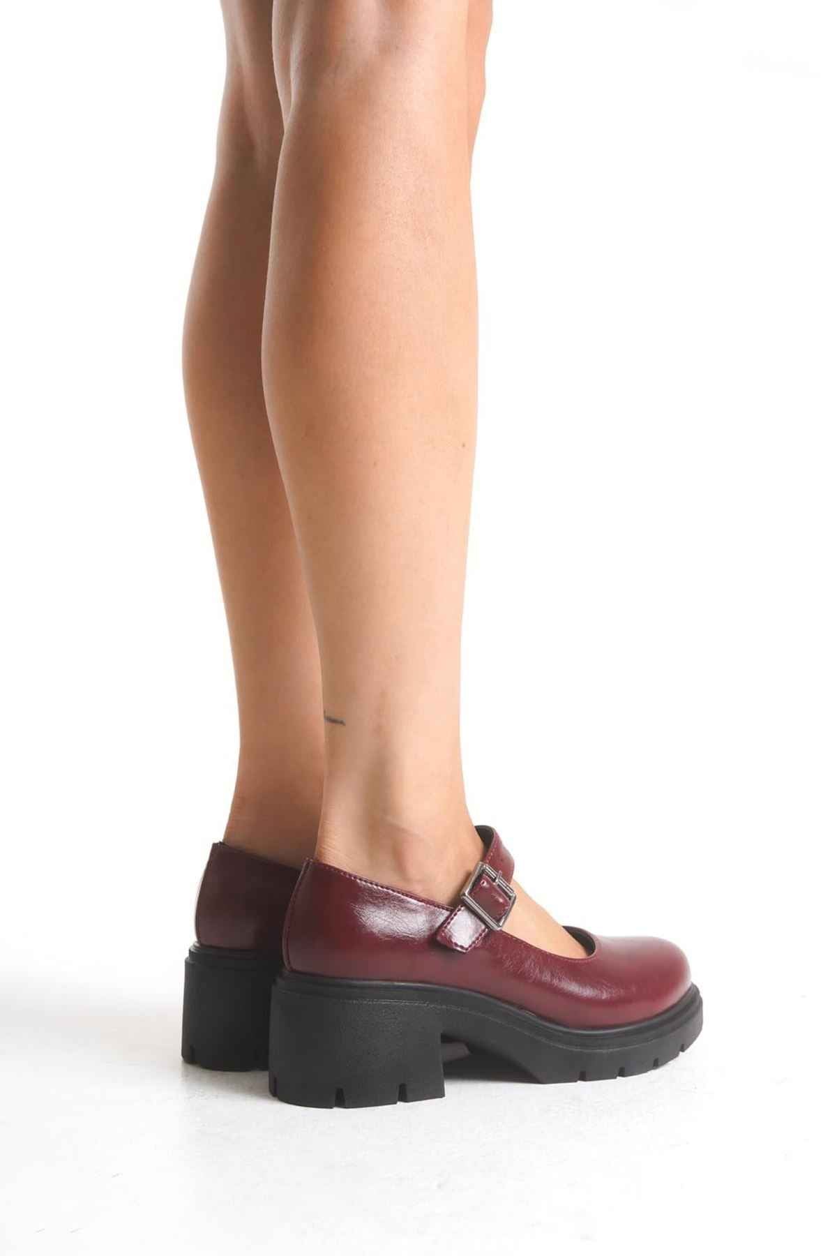 Ayakkabı Aşkı K-708 Bordo Kırışık Rugan Tokalı Yüksek Tabanlı Loafer Ayakkabı