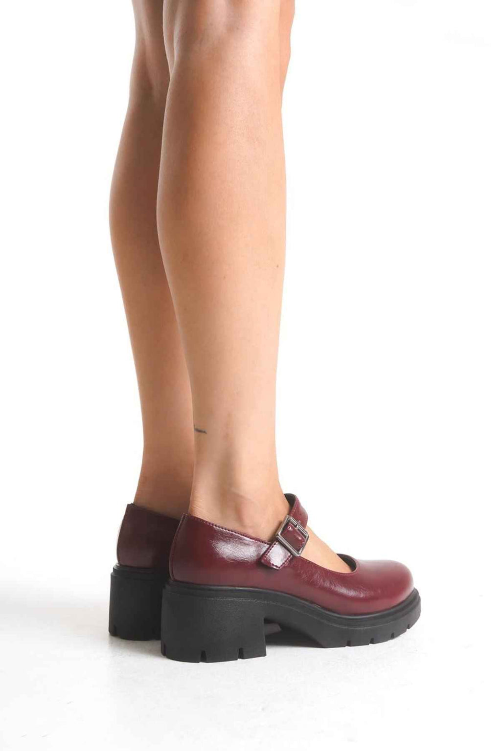 Ayakkabı Aşkı Bordo Kırışık Rugan Tokalı Yüksek Tabanlı Loafer Ayakkabı
