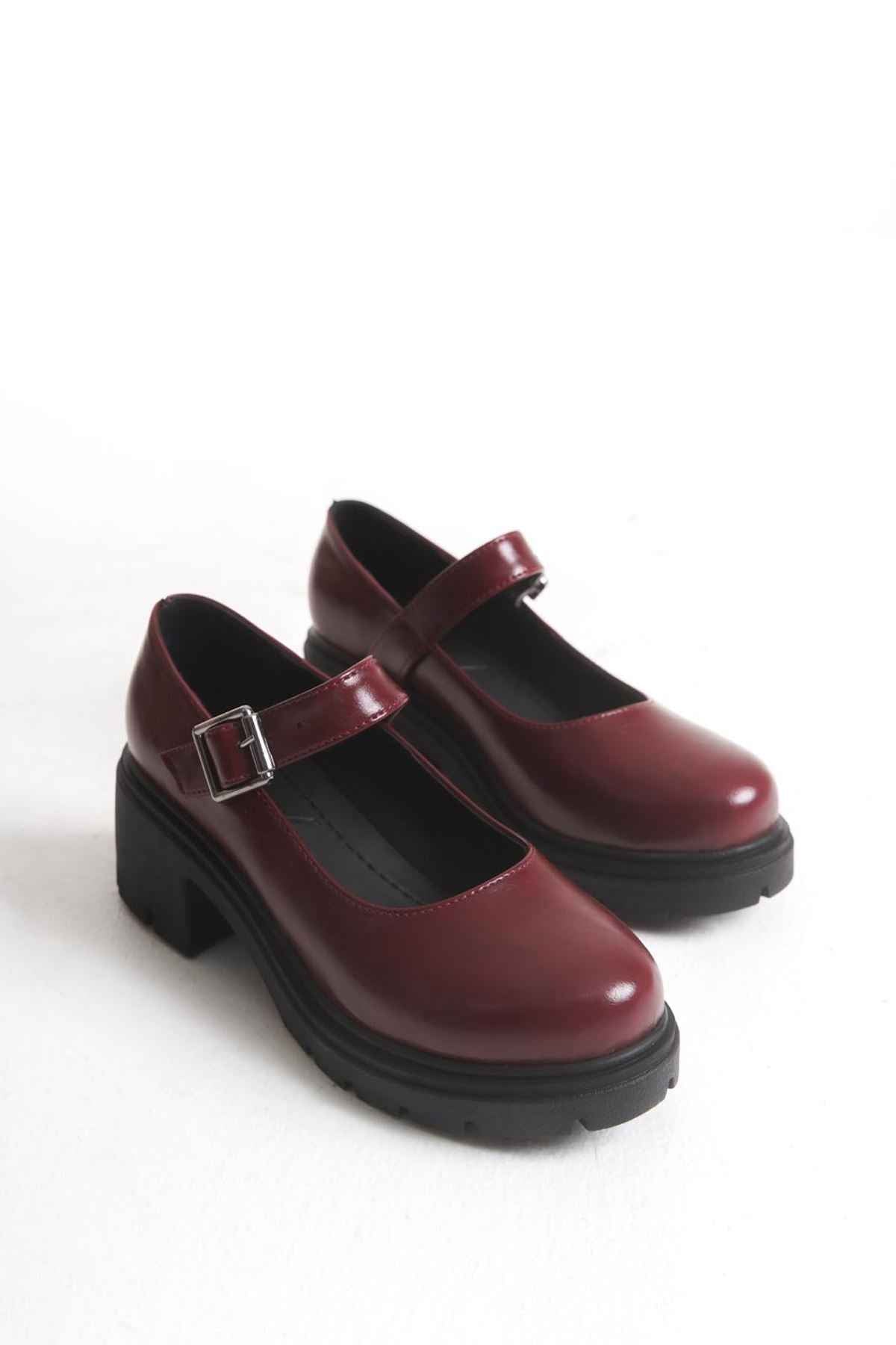 Ayakkabı Aşkı K-708 Bordo Kırışık Rugan Tokalı Yüksek Tabanlı Loafer Ayakkabı