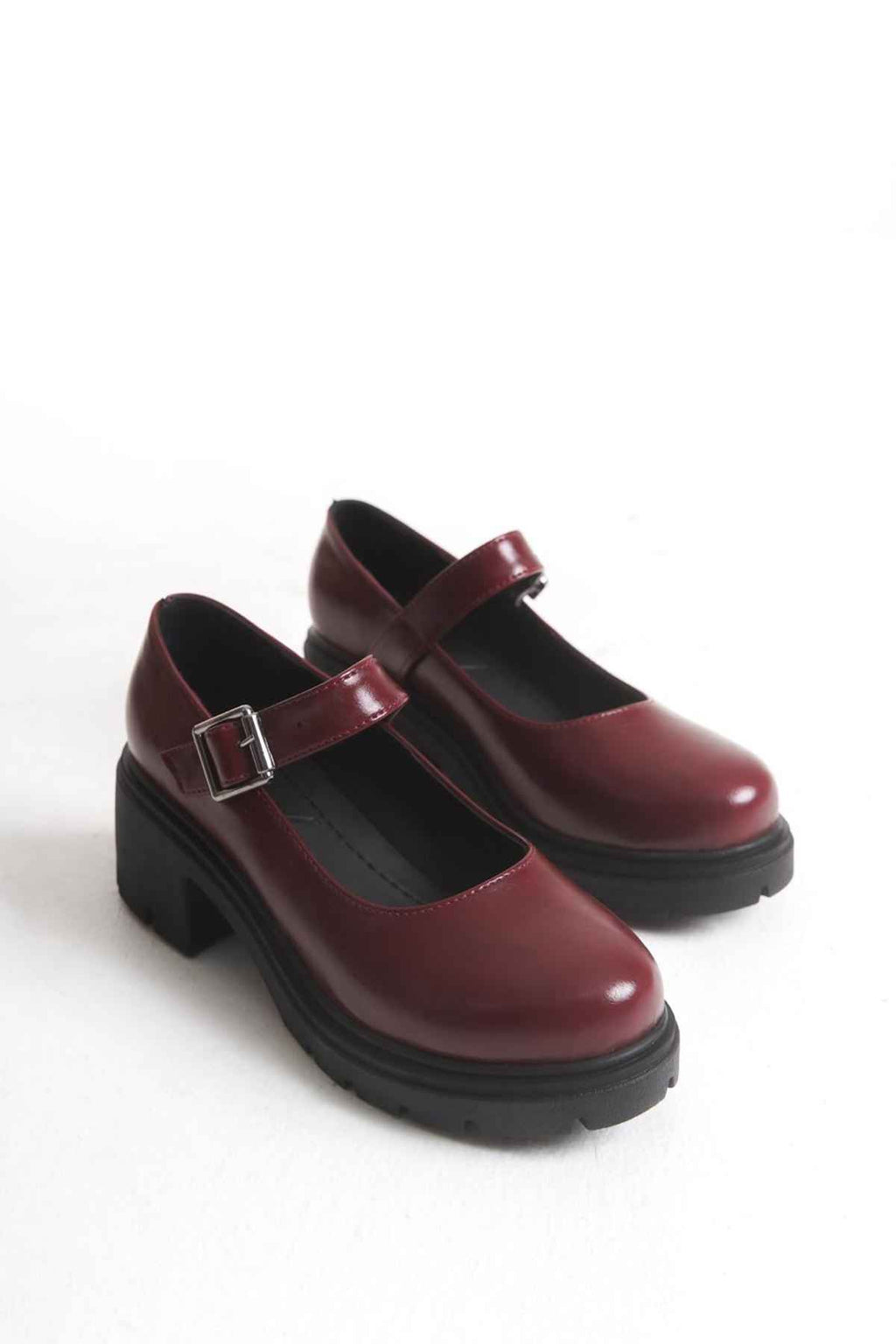 Ayakkabı Aşkı Bordo Kırışık Rugan Tokalı Yüksek Tabanlı Loafer Ayakkabı