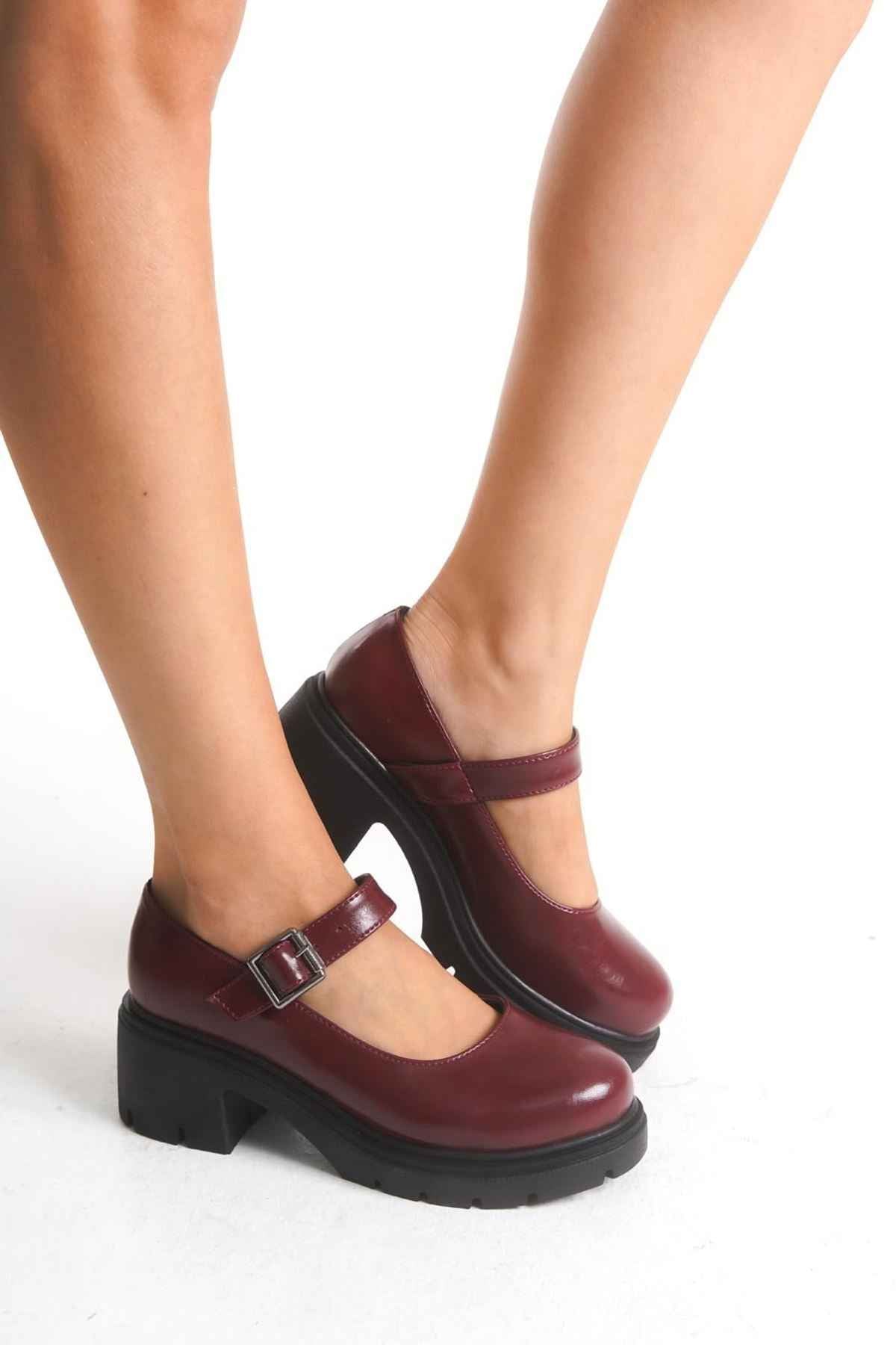 Ayakkabı Aşkı K-708 Bordo Kırışık Rugan Tokalı Yüksek Tabanlı Loafer Ayakkabı