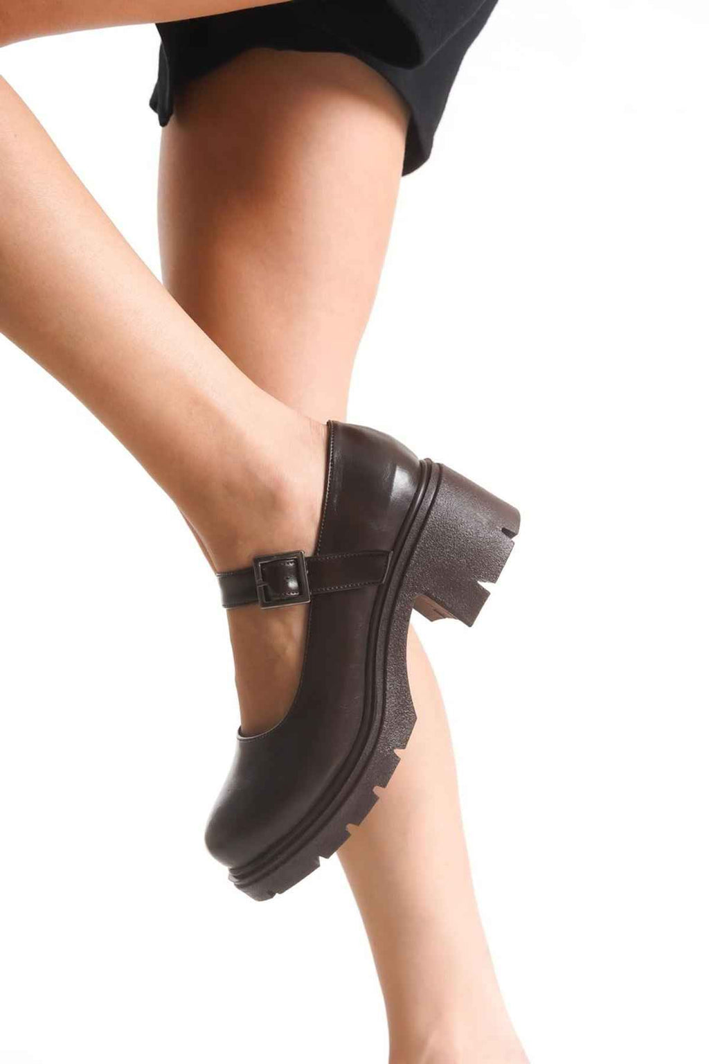 Ayakkabı Aşkı Kahve Kırışık Rugan Tokalı Yüksek Tabanlı Loafer Ayakkabı