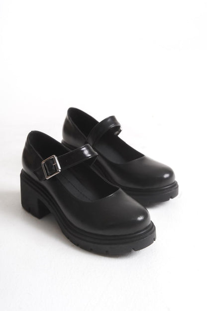 Ayakkabı Aşkı Siyah Kırışık Rugan Tokalı Yüksek Tabanlı Loafer Ayakkabı