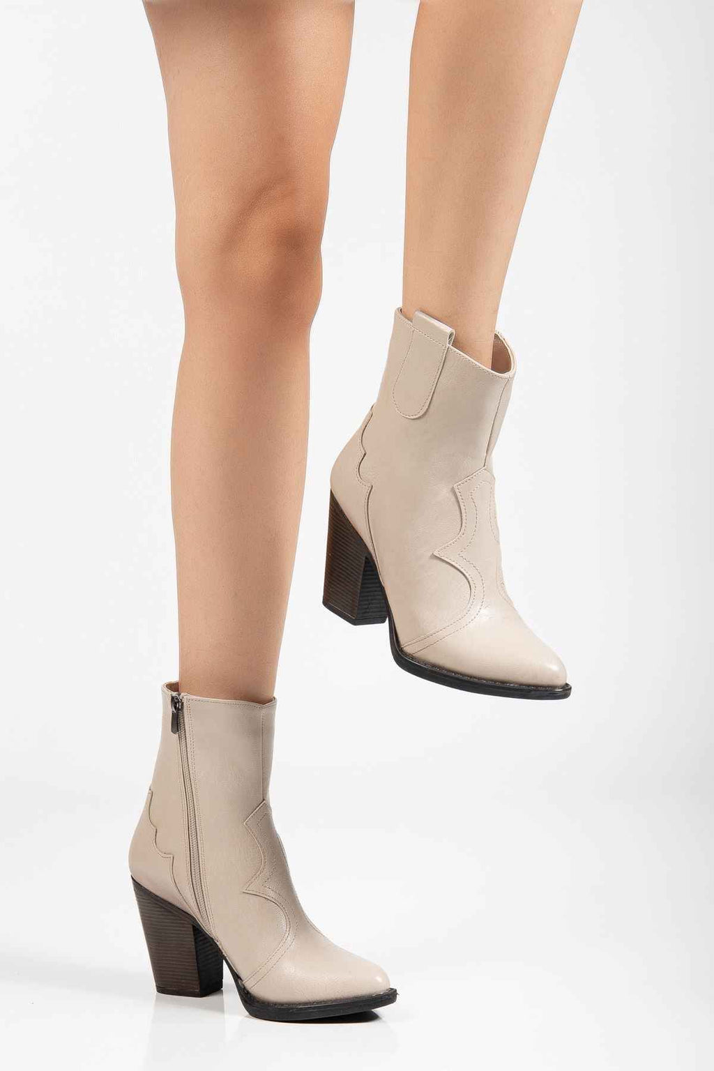 Ayakkabı Aşkı 117 Bej Kovboy Dikiş Detaylı Fermuarlı  Yüksek Topuklu Günlük Kadın Bot