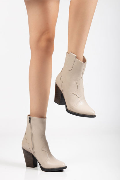 Ayakkabı Aşkı 117 Bej Kovboy Dikiş Detaylı Fermuarlı Yüksek Topuklu Günlük Kadın Bot